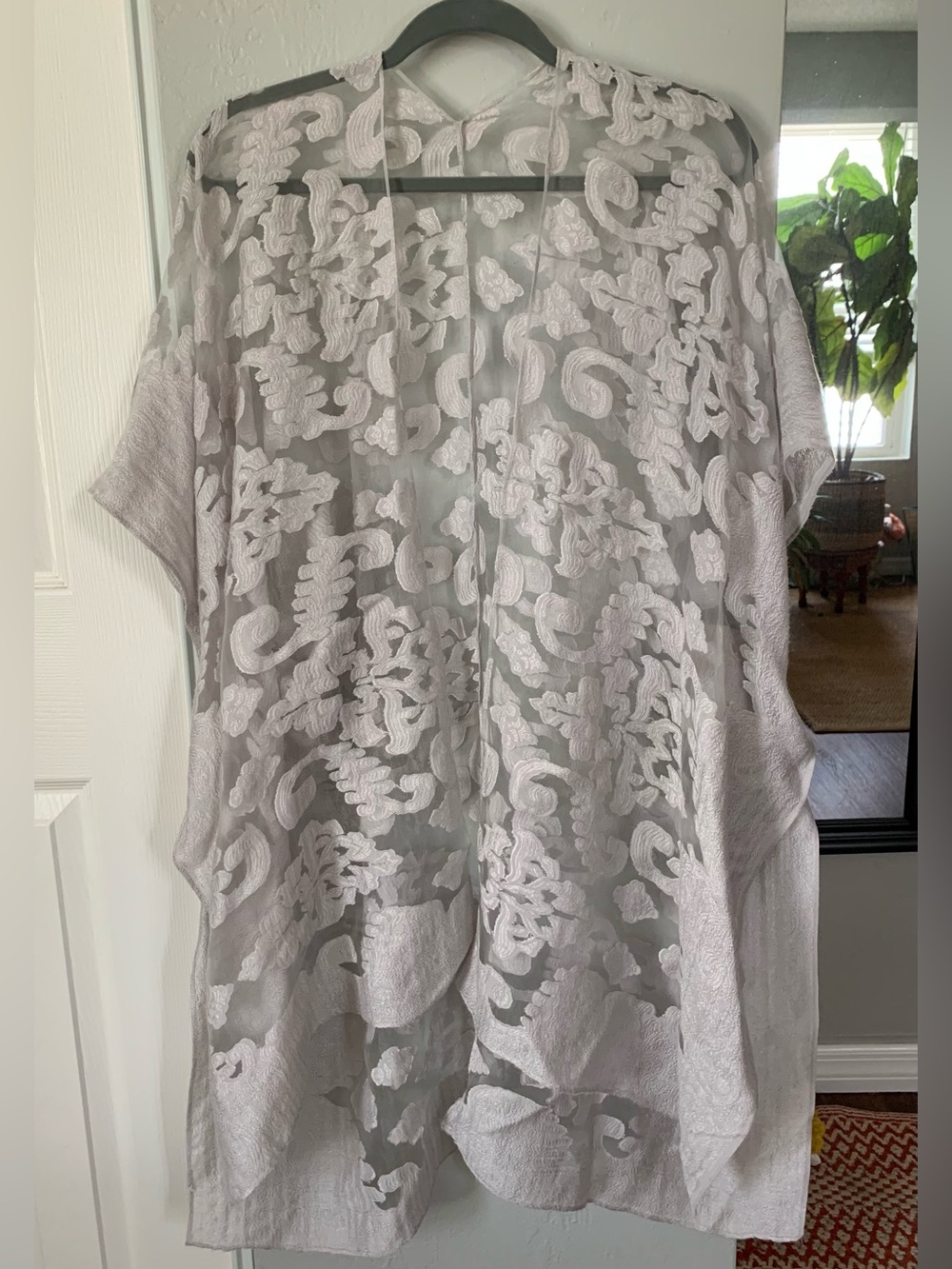 Sheer Embroidered Floral Kimono Cardigan - Light Gray